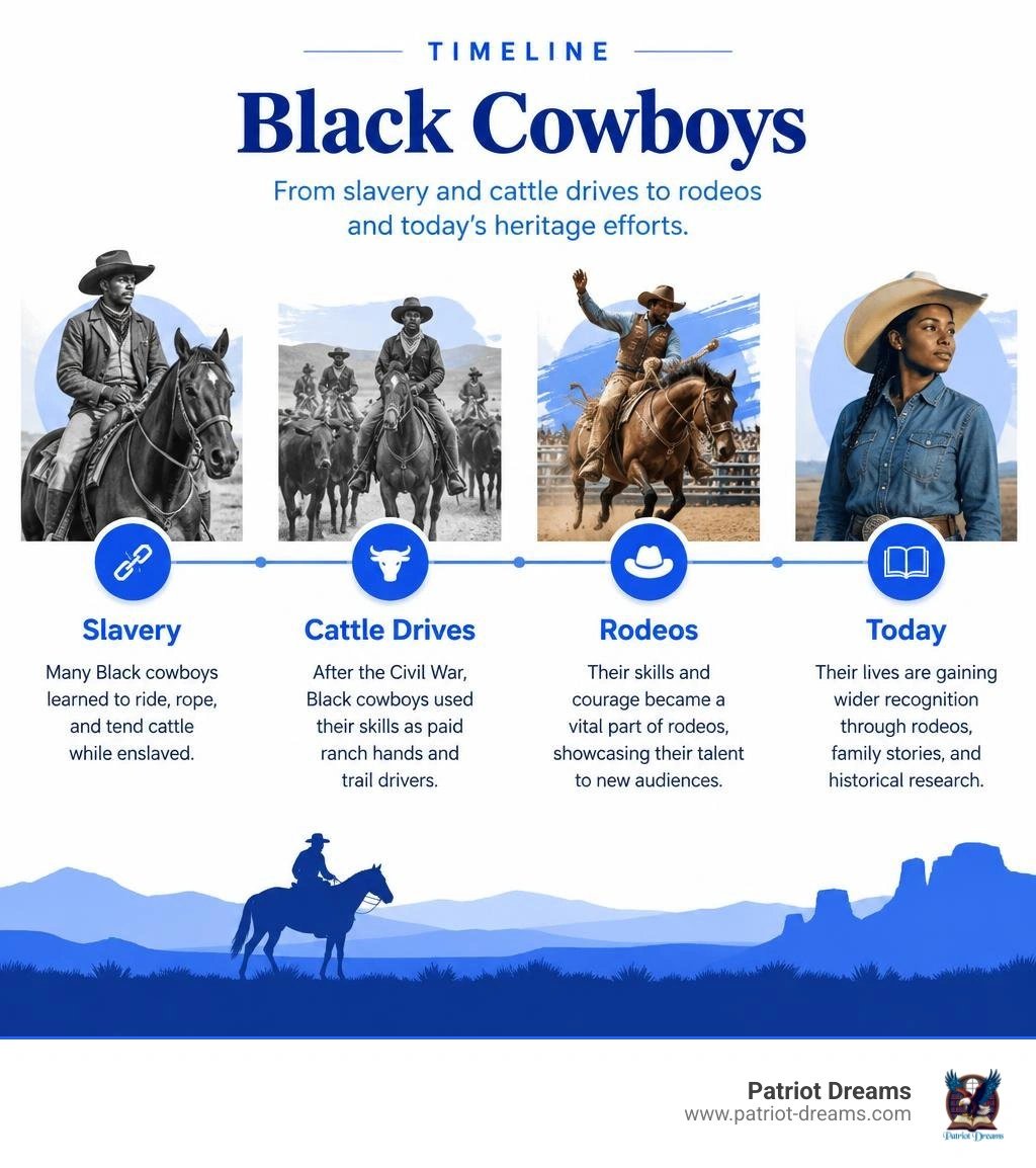Timeline of Black cowboys from slavery and cattle drives to rodeos and today's heritage efforts infographic