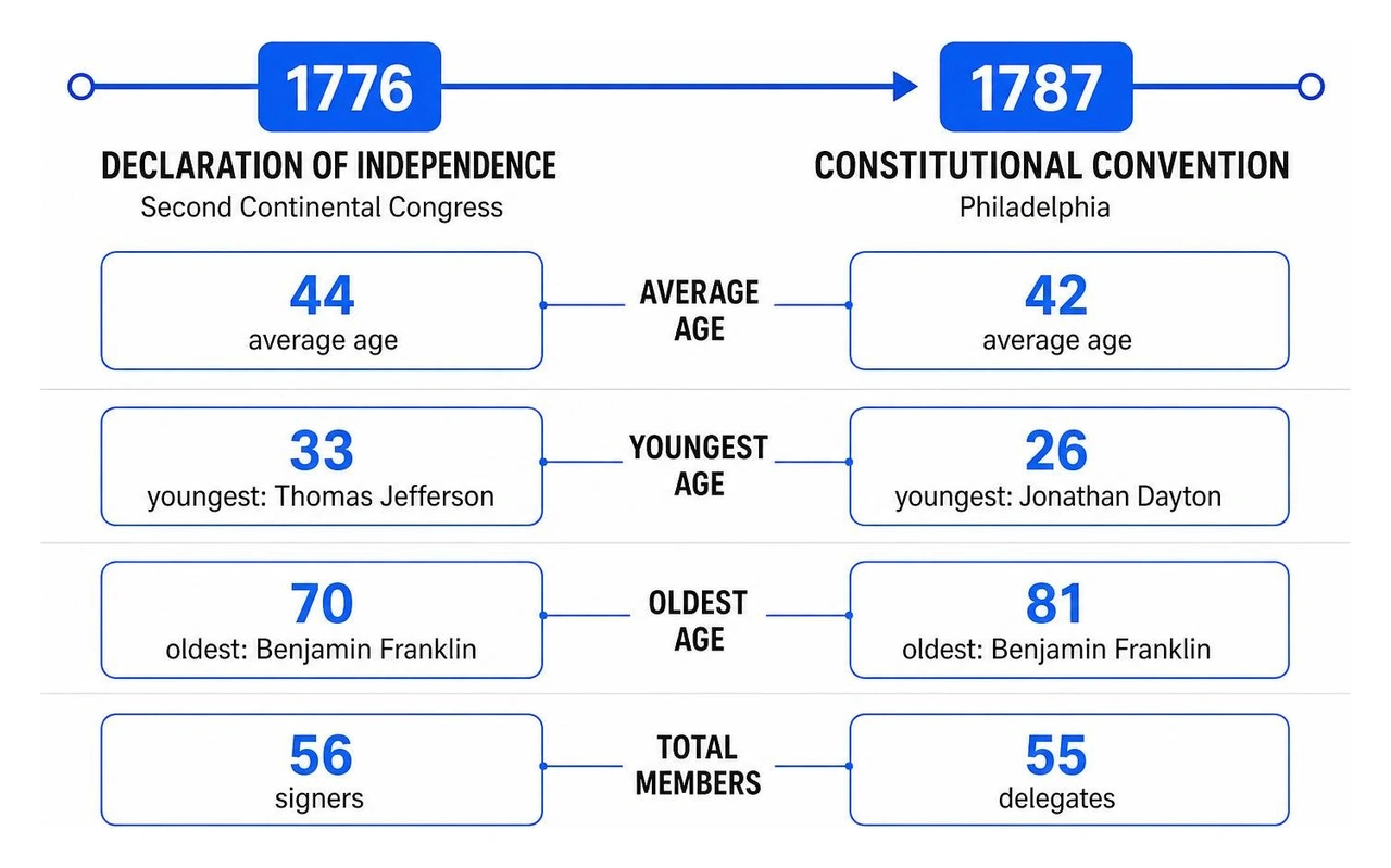 A timeline showing the shift in key leadership ages from 1776 to 1787