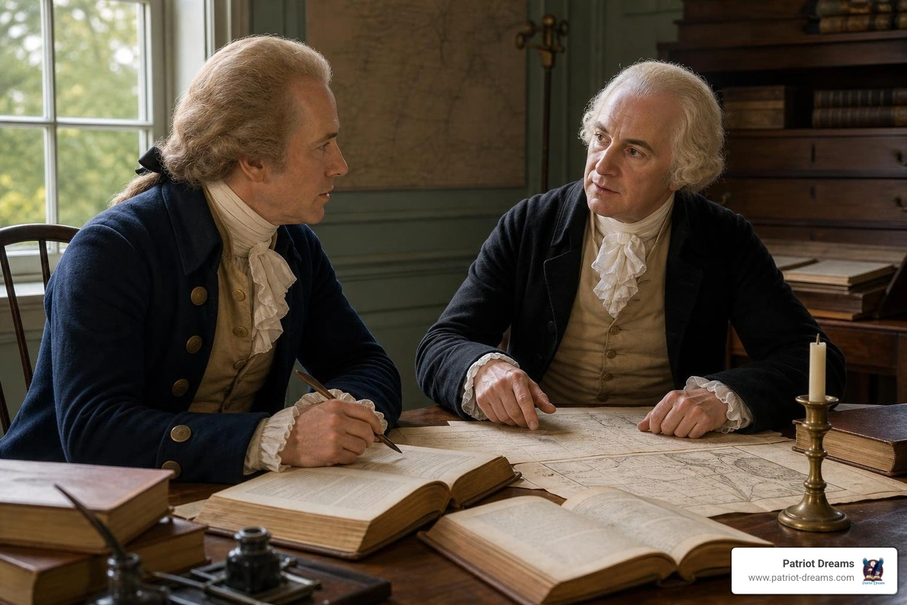 Alexander Hamilton and James Madison in deep, friendly conversation over books and maps