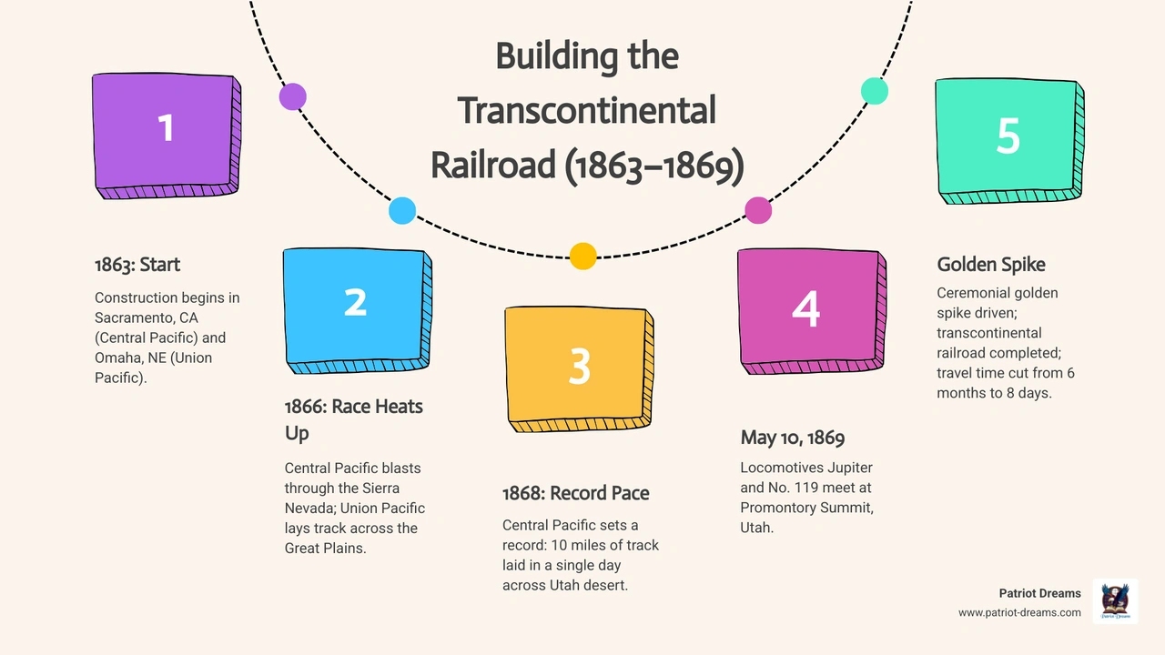 Timeline infographic of First Transcontinental Railroad construction from 1863 to 1869 infographic Timeline infographic of First Transcontinental Railroad construction from 1863 to 1869 infographic