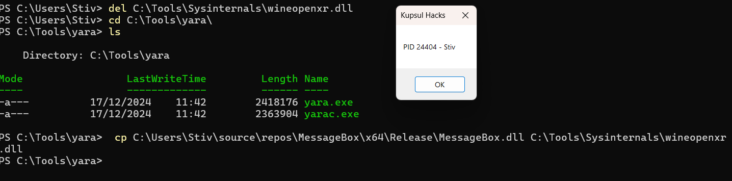 Screenshot showing the successful completion of the DLL path injection attack against Claude. The output shows the malicious DLL being successfully loaded by the application process, confirming a breach of the user boundary.