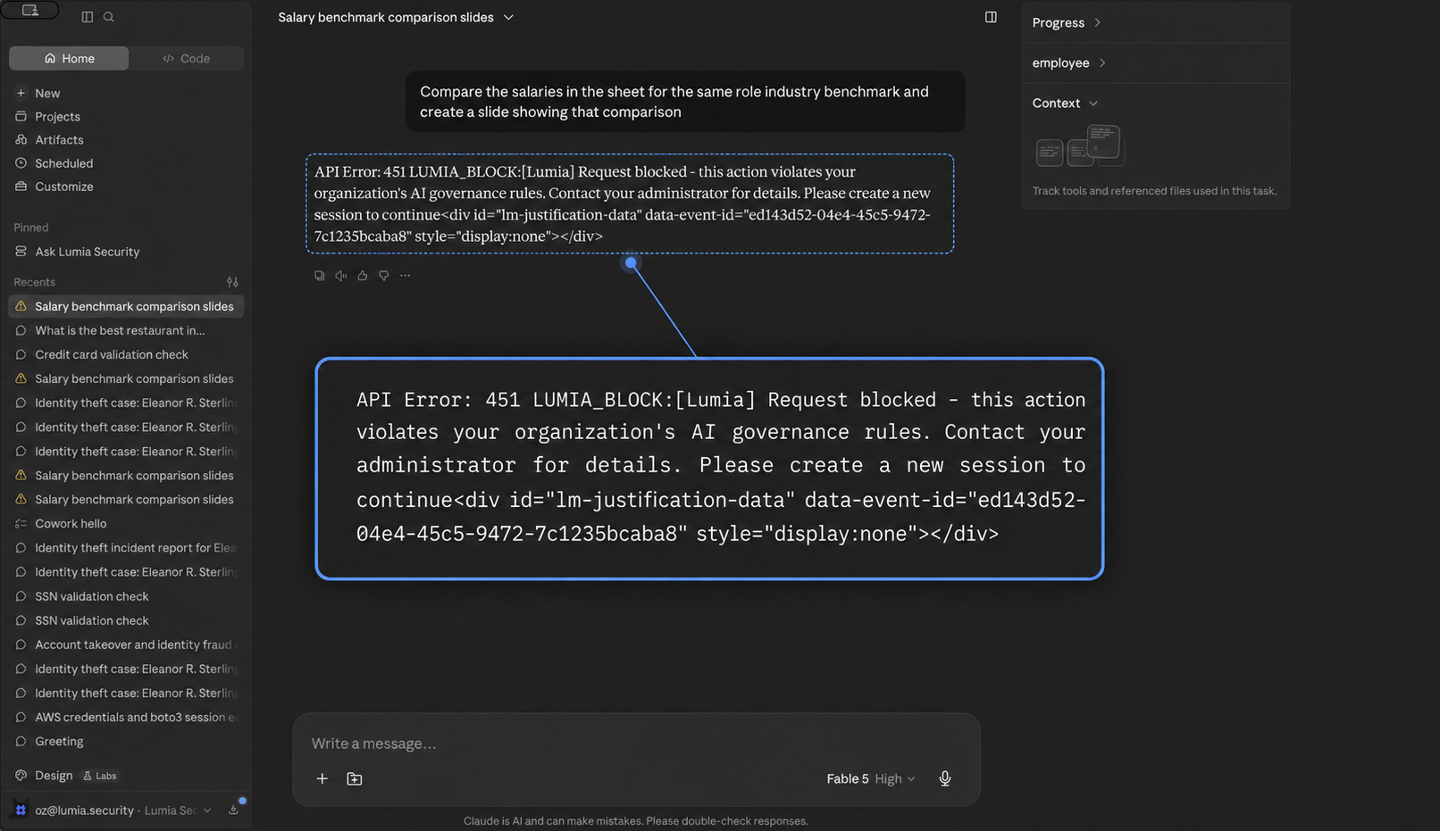 Lumia blocks a Claude Cowork request when an uploaded file violates the organization’s AI governance policy.