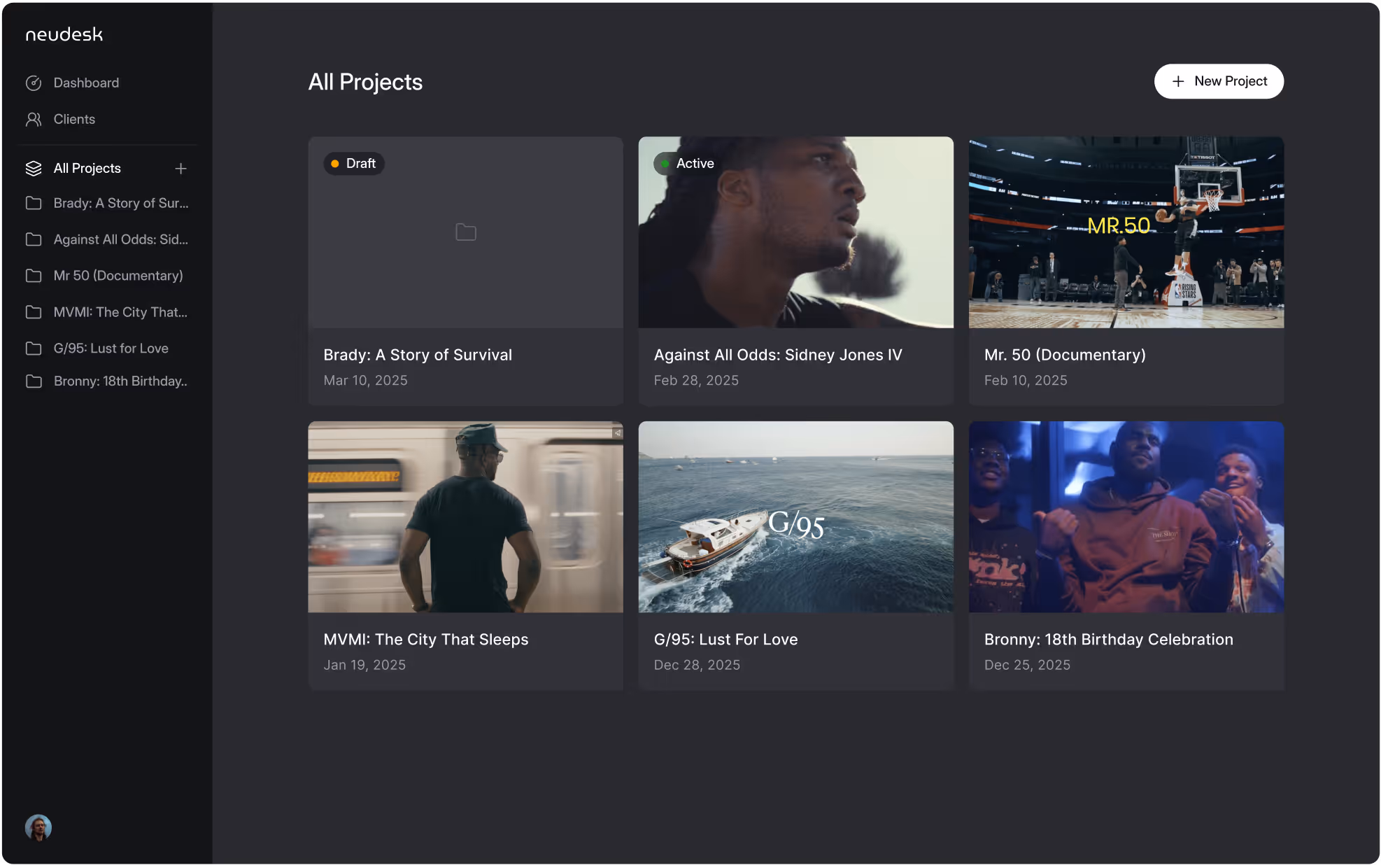 Dark mode dashboard with multiple video thumbnails and a user profile section.
