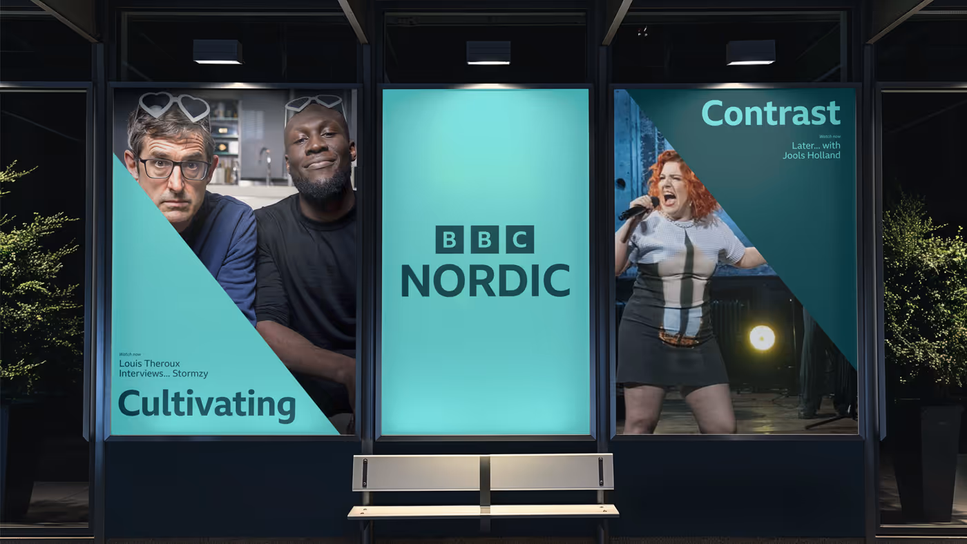 A triple billboard featuring the BBC Nordic branding system