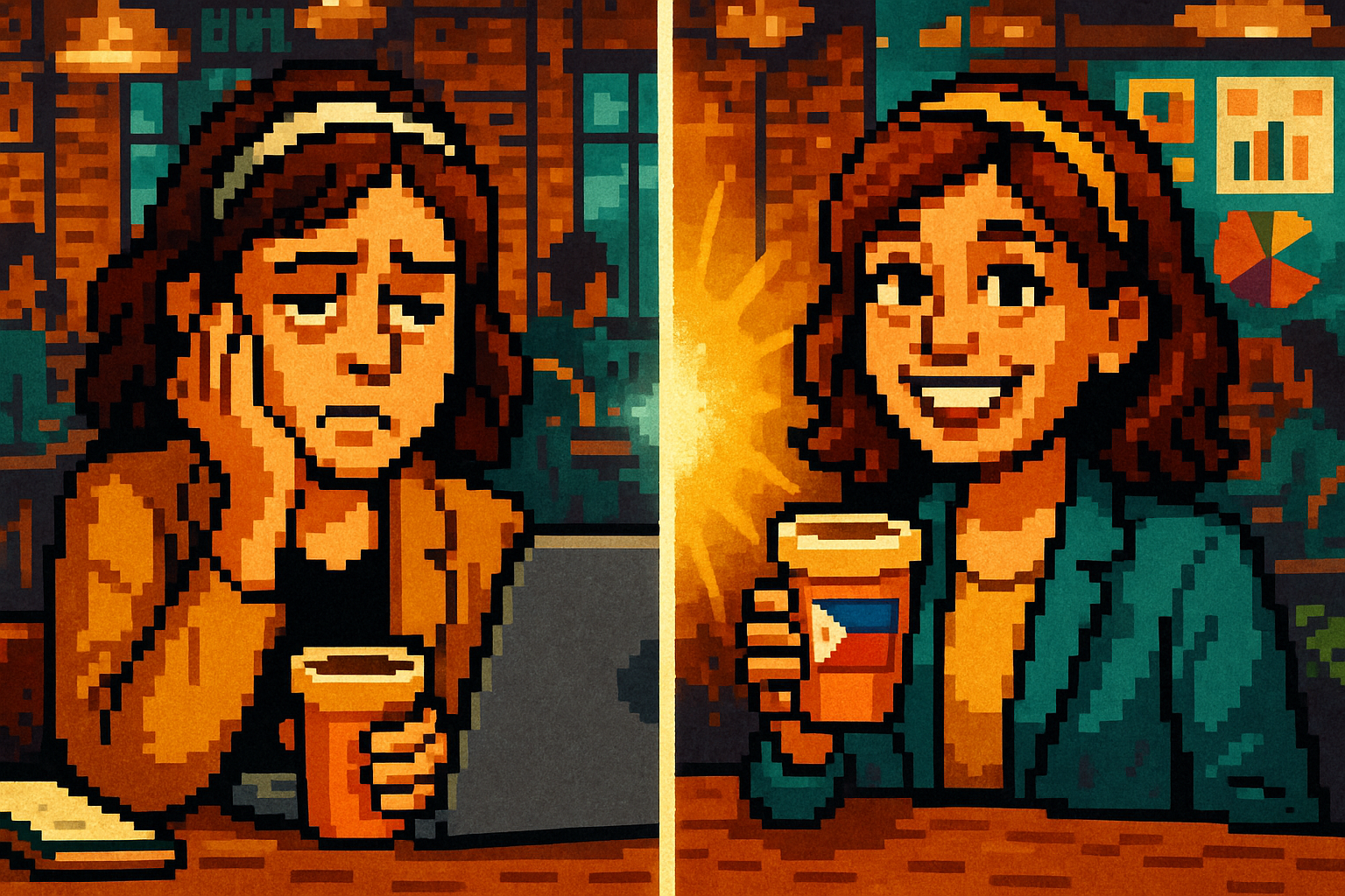 A side-by-side visual comparison showing the tired UK marketer holding that overpriced flat white (left), and the same marketer now smiling, holding a vibrant-looking “proper flat white” with a small Philippine flag on the coffee cup sleeve (right).