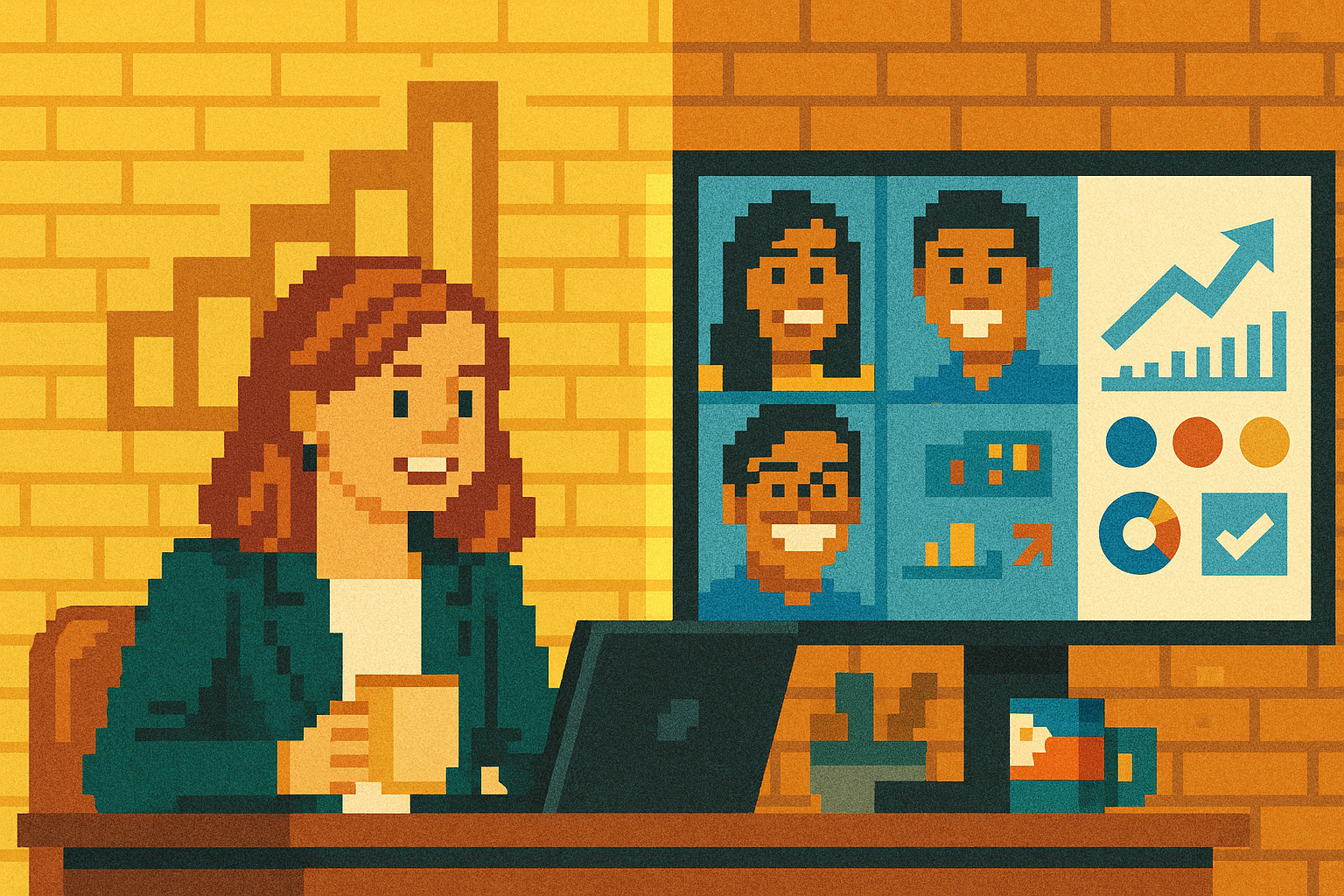 The same (but more confident looking) UK marketer on a video call with their Filipino digital marketing team, both smiling. The screen shows impressive campaign results — upward graphs, social media engagement, happy clients.