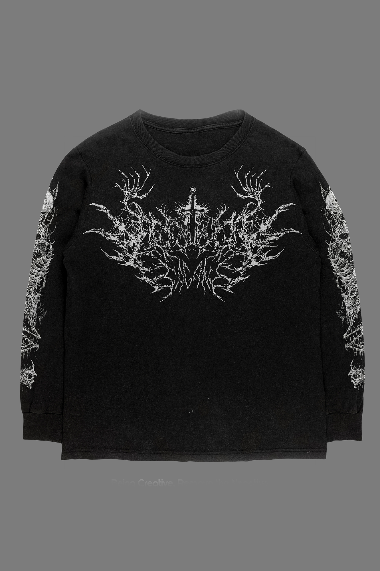 Black long-sleeve shirt featuring intricate white gothic artwork with thorny branch designs across the chest and an inverted cross or sword centerpiece, plus detailed matching graphics extending down both sleeves