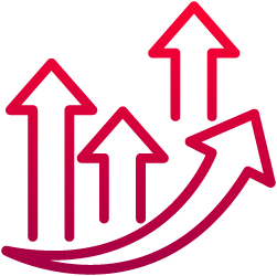 Four upward-pointing arrows with a curved arrow showing growth trend.