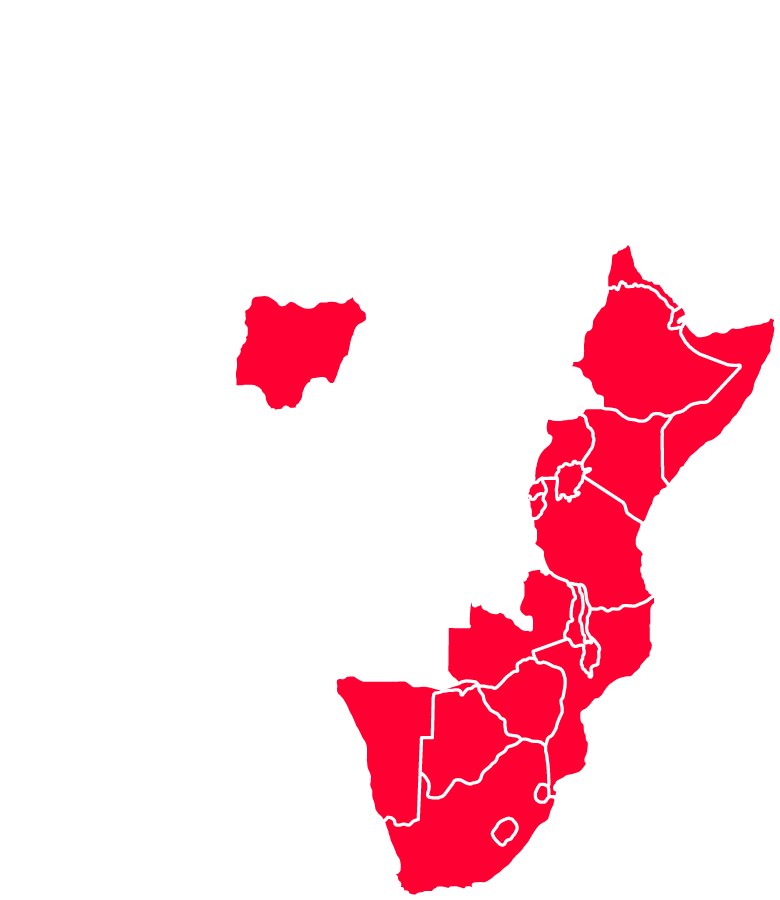 Map of Africa with Bisedge locations highlighted in red, including Nigeria, Ethiopia, Kenya, Uganda, Tanzania, Mozambique, Zimbabwe, Botswana, and South Africa highlighted in red.