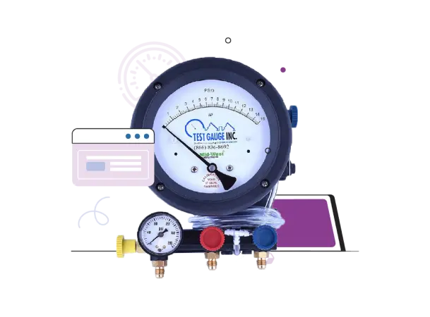 Test Gauge Inc pressure gauge with three colored valves and a smaller gauge below it.