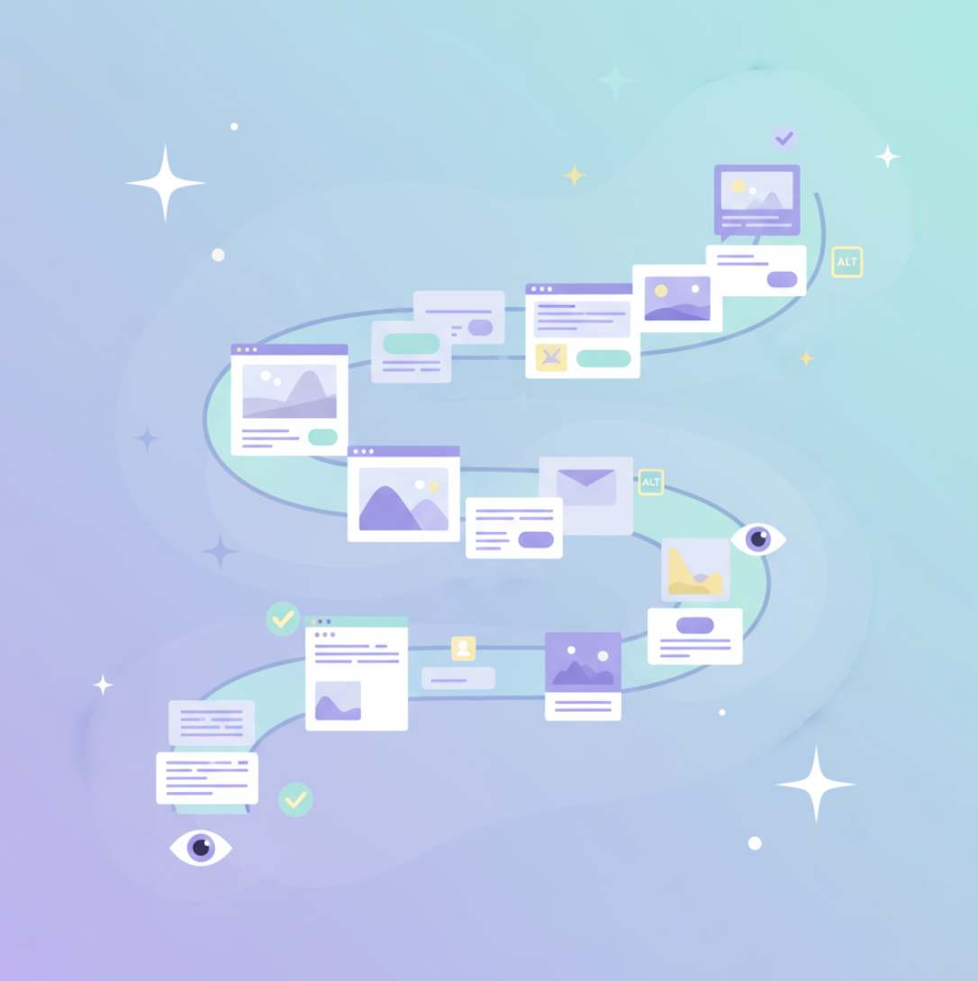 Abstract flowchart of web pages and icons with alt text and eye symbols on a blue-purple background.