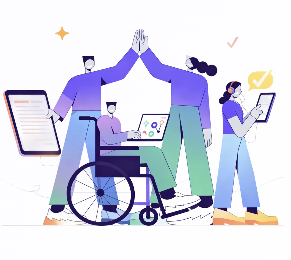 Four diverse people including one in a wheelchair, two high-fiving, holding digital devices with check marks.