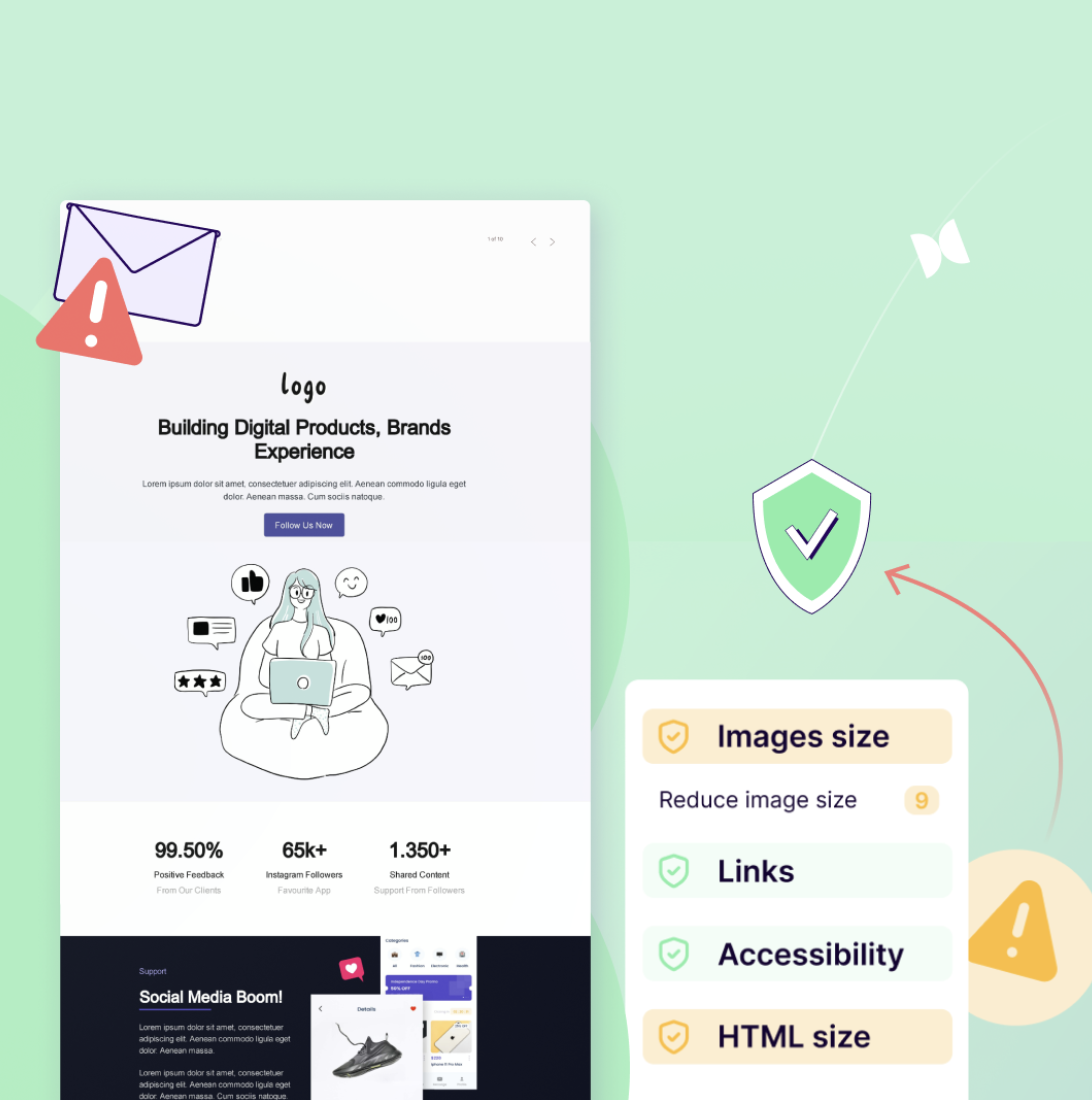 Website design showing digital product stats and icons for image, links, accessibility, and HTML size optimization.