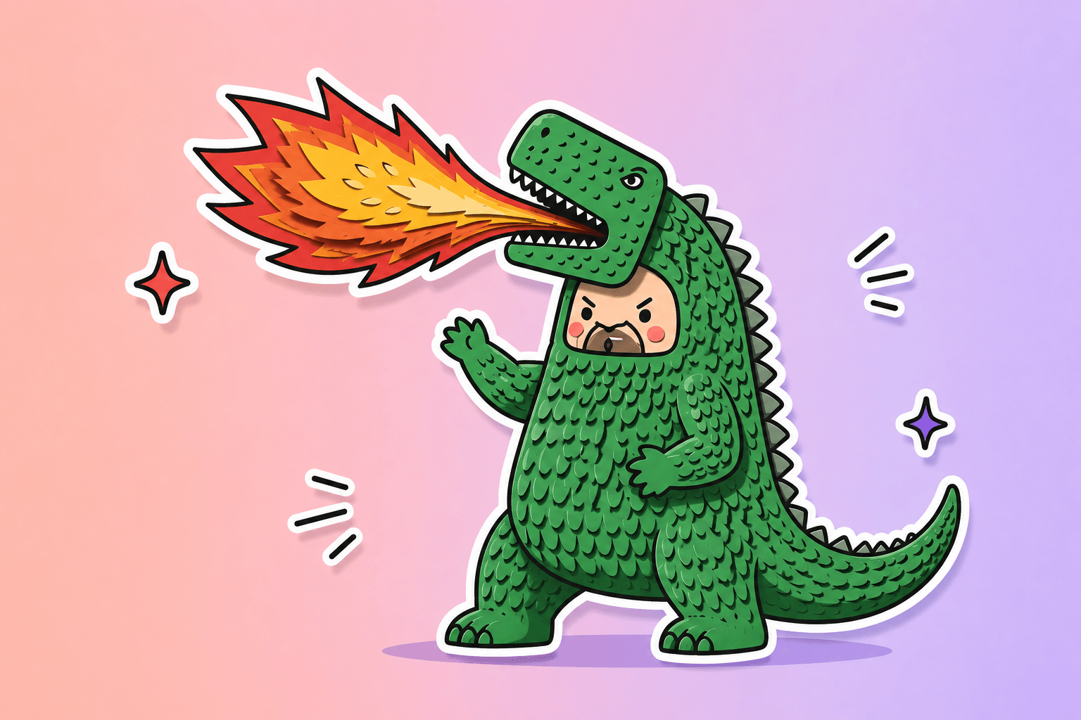A hedgehog in a green cartoon dinosaur costume breathes a burst of fire, surrounded by sparkles on a pink-to-purple gradient.