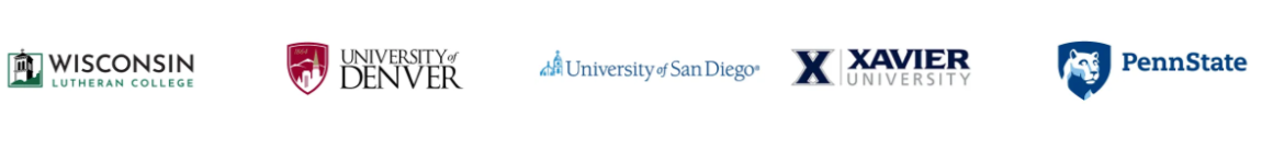 Logos of Wisconsin Lutheran College, University of Denver, University of San Diego, Xavier University, and Penn State.