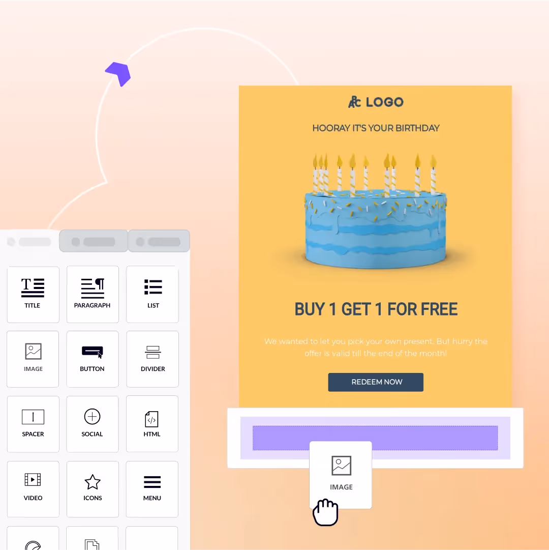 Drag-and-drop email editor UI showing an image dropped into a birthday email with blue cake, Buy 1 get 1 free offer and Redeem Now button