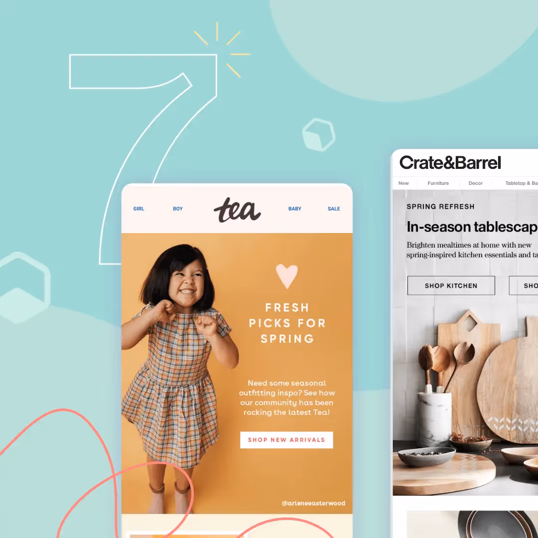 Email banners from Tea and Crate & Barrel showcasing spring promotions with clean, seasonal design elements.