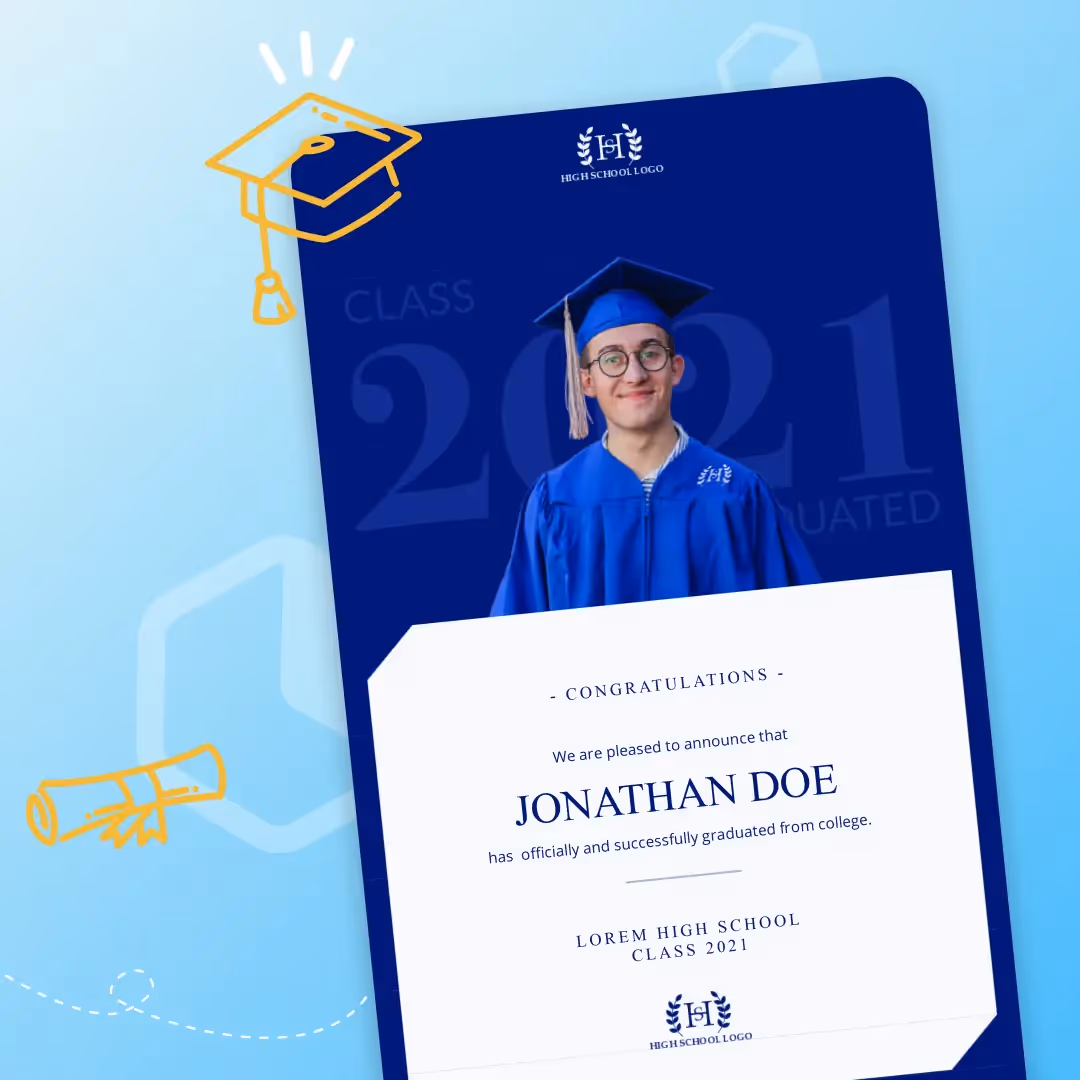 Graduation-themed email template with a smiling graduate in blue cap and gown, set against a class of 2021 backdrop.
