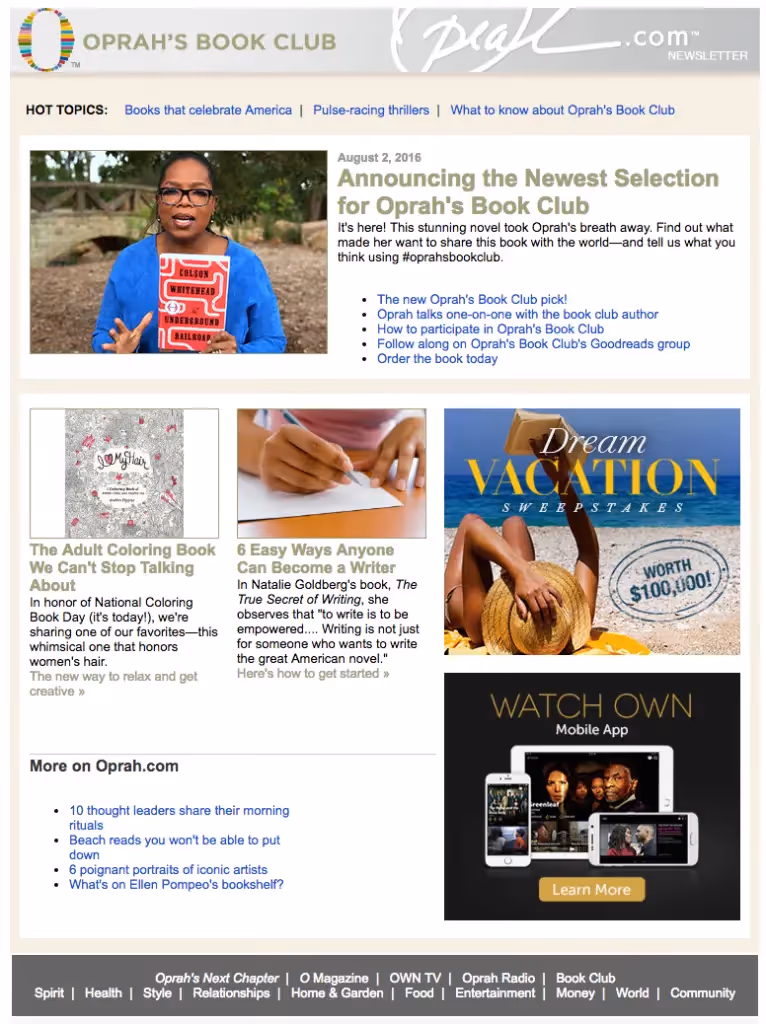 oprah book club celebrity email newsletters