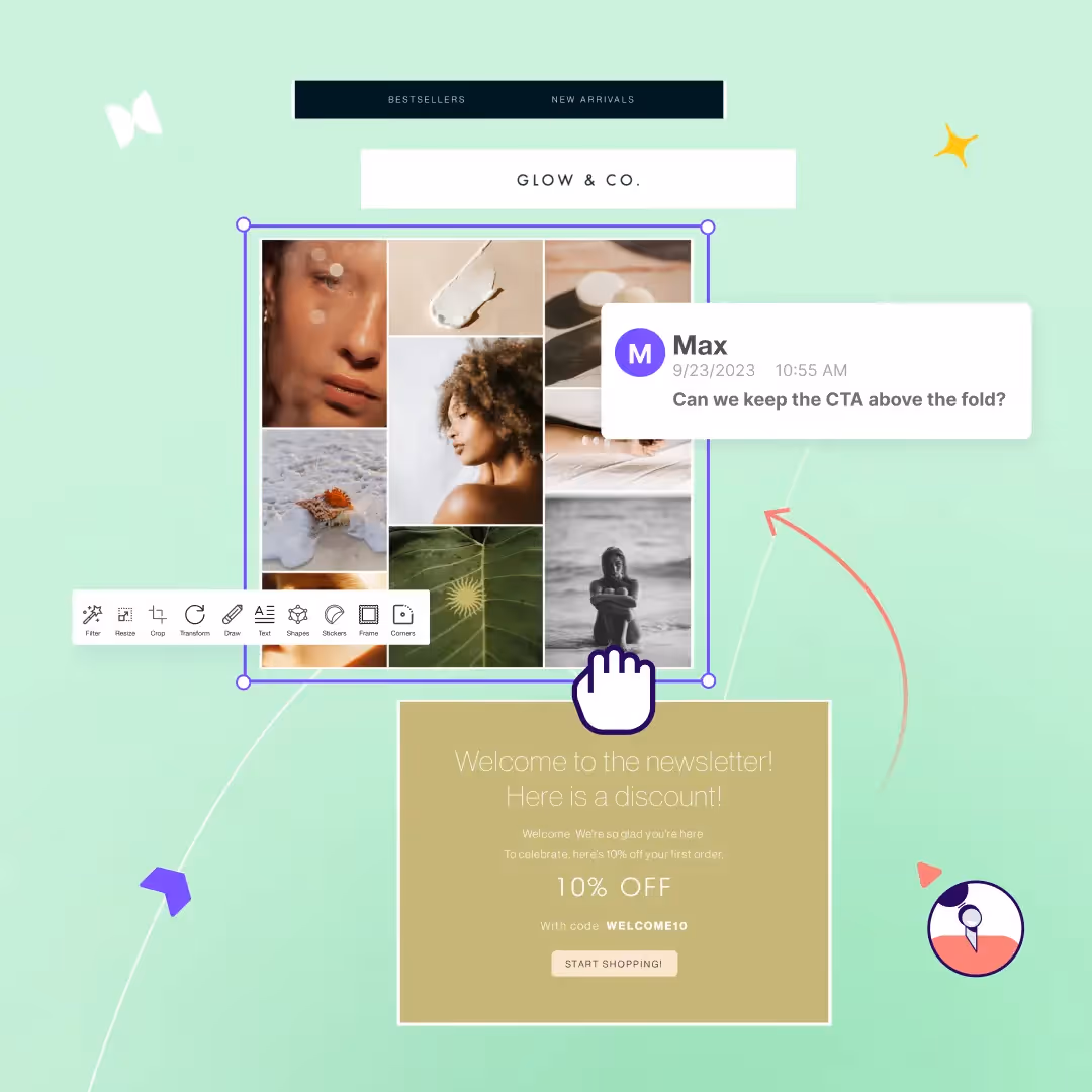 Illustration of a newsletter layout for Glow & Co. with design feedback, image grid, and 10% discount CTA section.