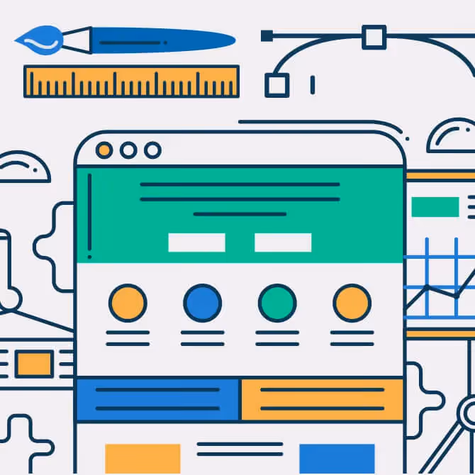 Abstract illustration of email design tools, charts, UI elements, and gears in muted pastel tones.