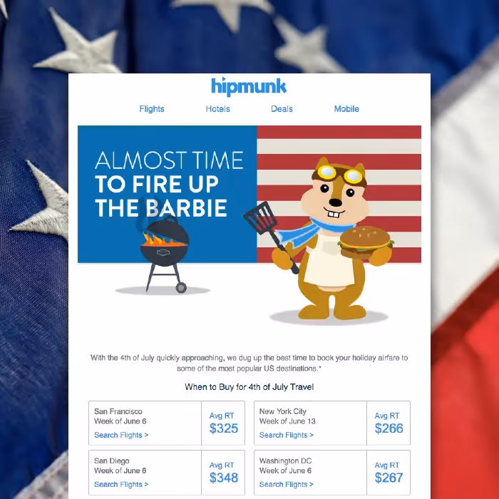 4th of July-themed promotional emails featuring DC apparel collection and Hipmunk travel deals with patriotic visuals and BBQ mascot.