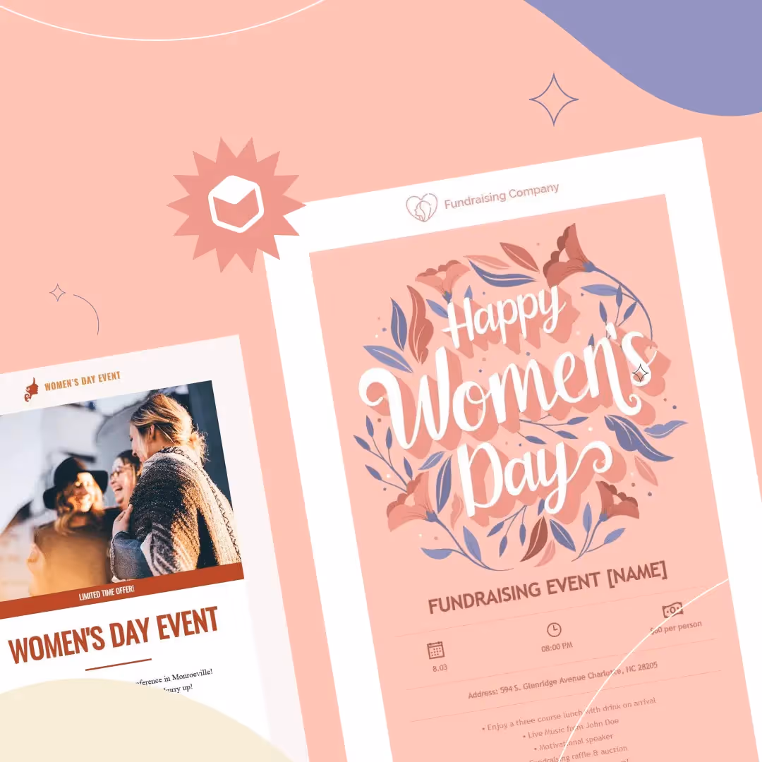 Women's Day email with floral illustration and bold "Happy Women's Day" text alongside photo of women at an event.