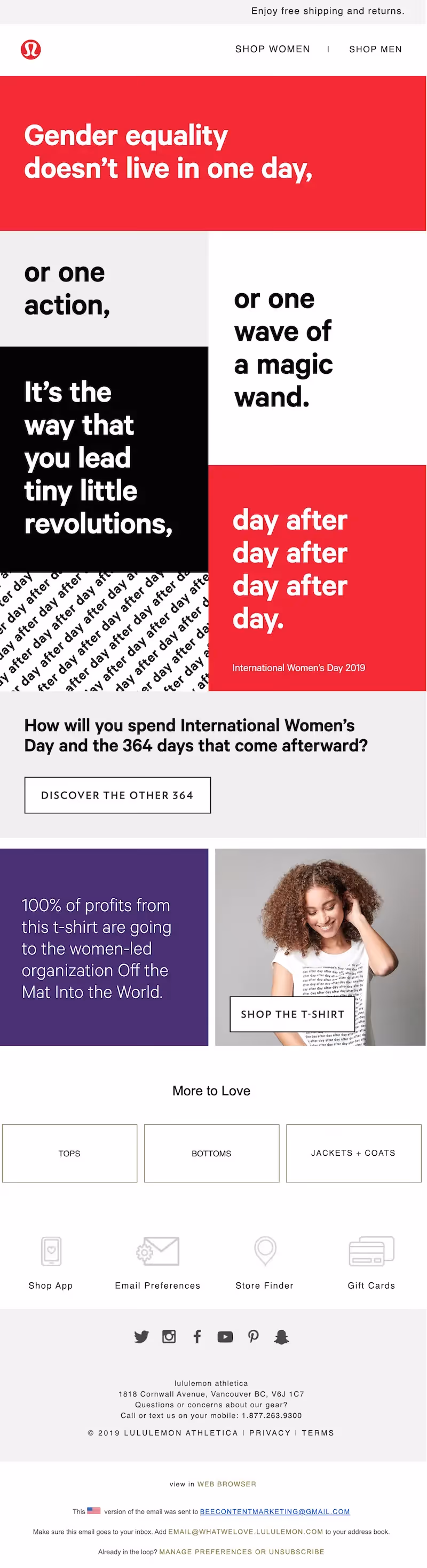 International Women's Day email template from Lululemon