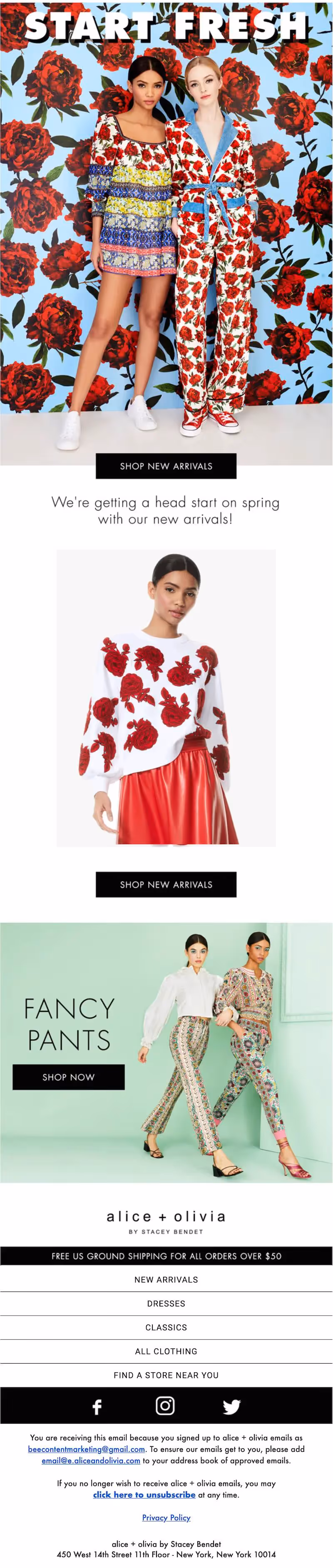 Alice + Olivia email demonstrating good design practices to avoid spam