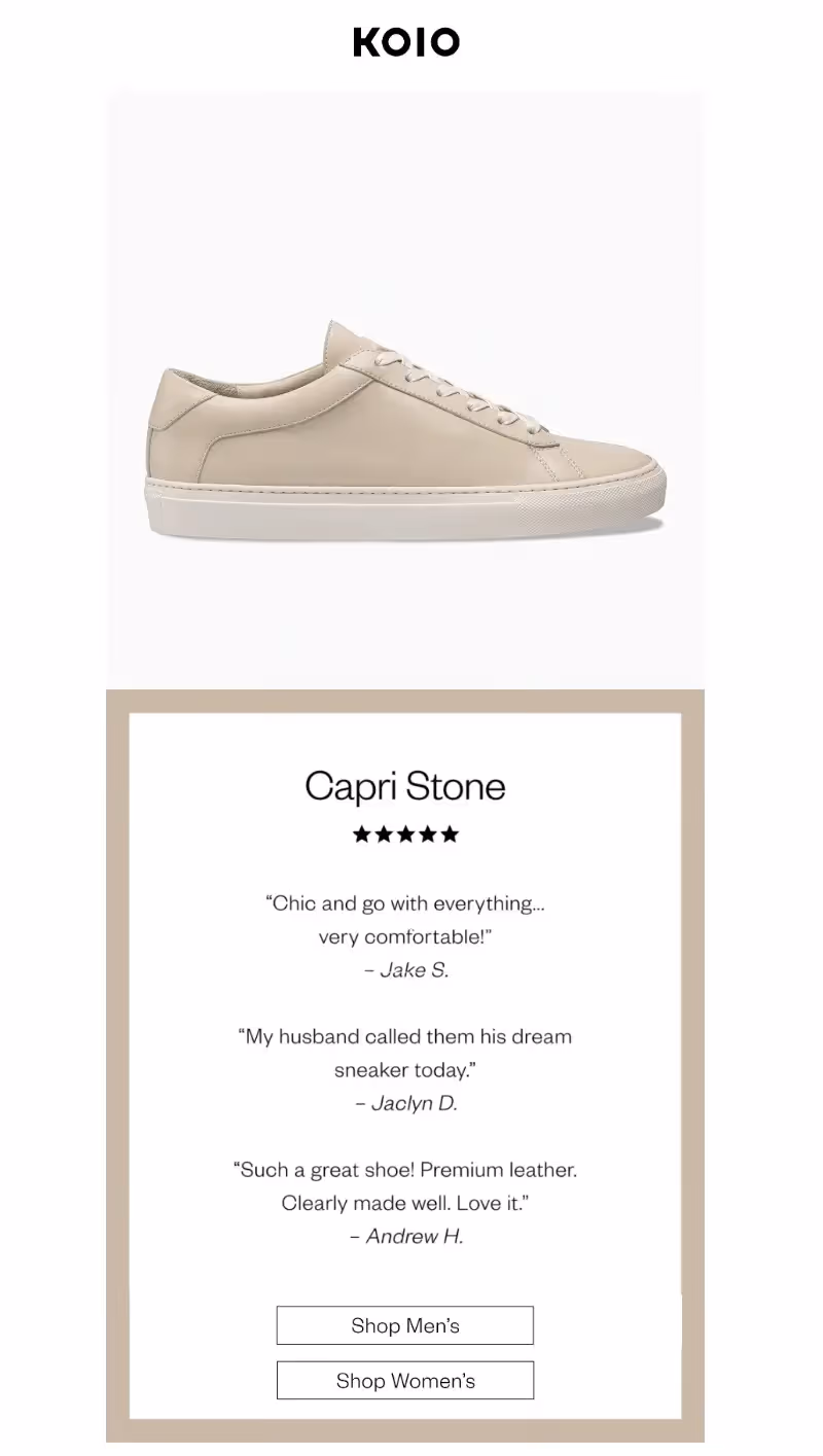 Minimalist email newsletter from Koio