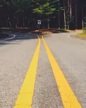 Two-lane road splitting into a fork surrounded by dense forest, symbolizing A/B testing paths or decision-making.