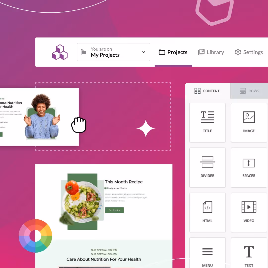 Email editor interface with drag-and-drop tools and template previews on a magenta background.