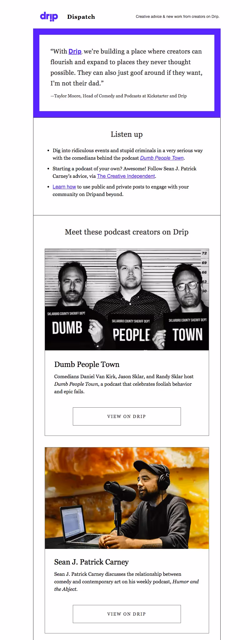 Drip dispatch email newsletter design using borders and colors