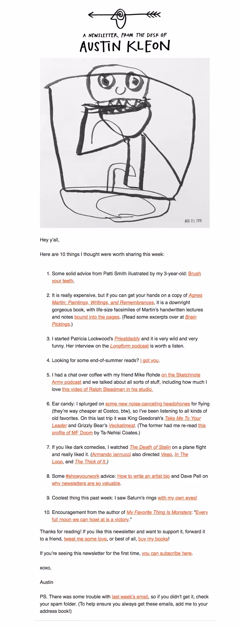 Newsletter with a personal, casual greeting and sign-off
