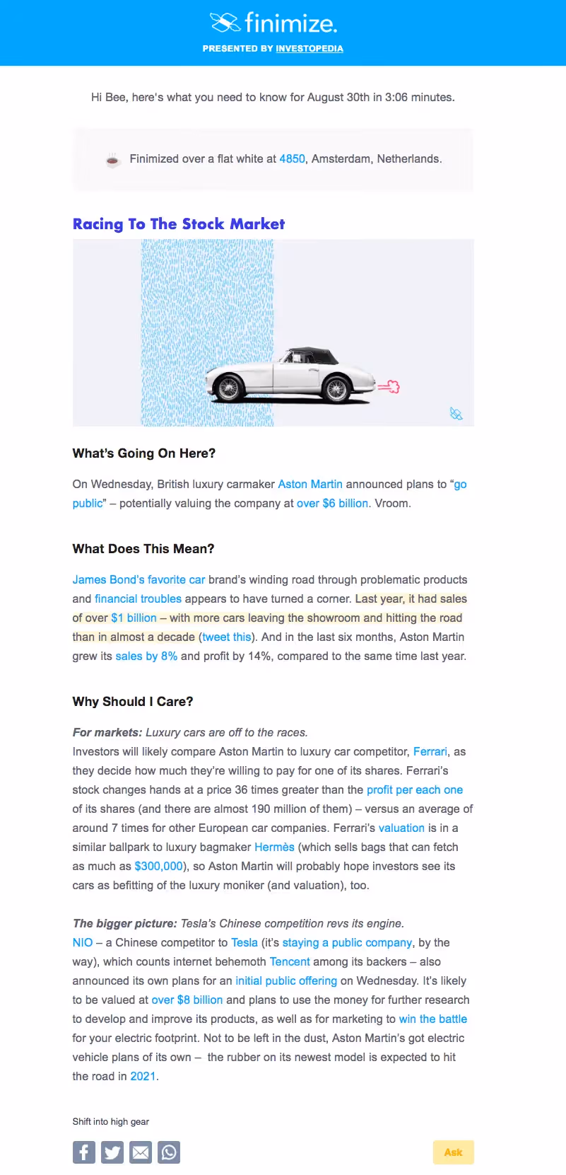 Finimize email newsletter design with modular sections