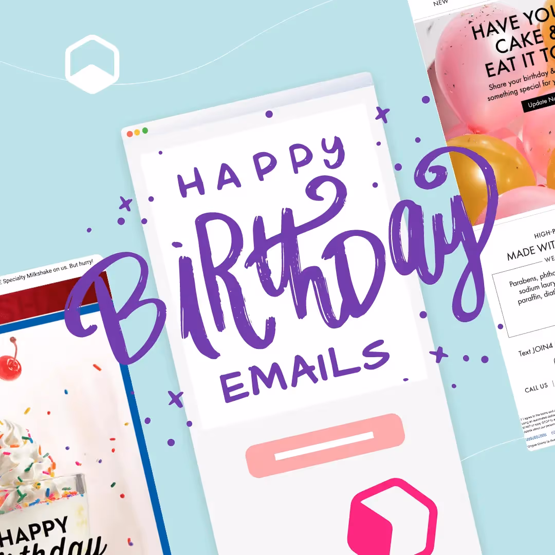 Colorful birthday-themed email designs with sprinkles, balloons, and Happy Birthday Emails in bold purple text.