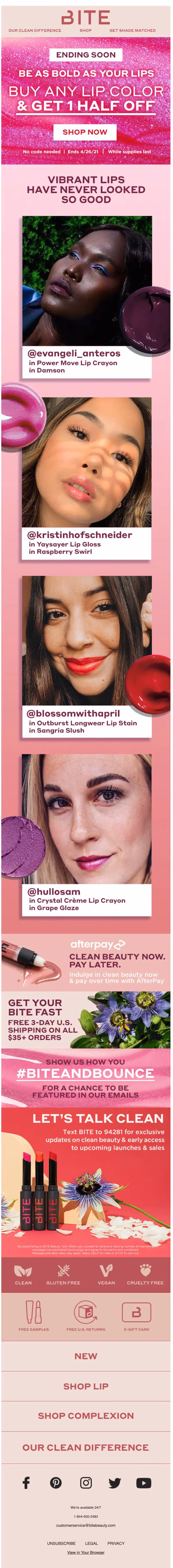 One column email design example from BITE Beauty