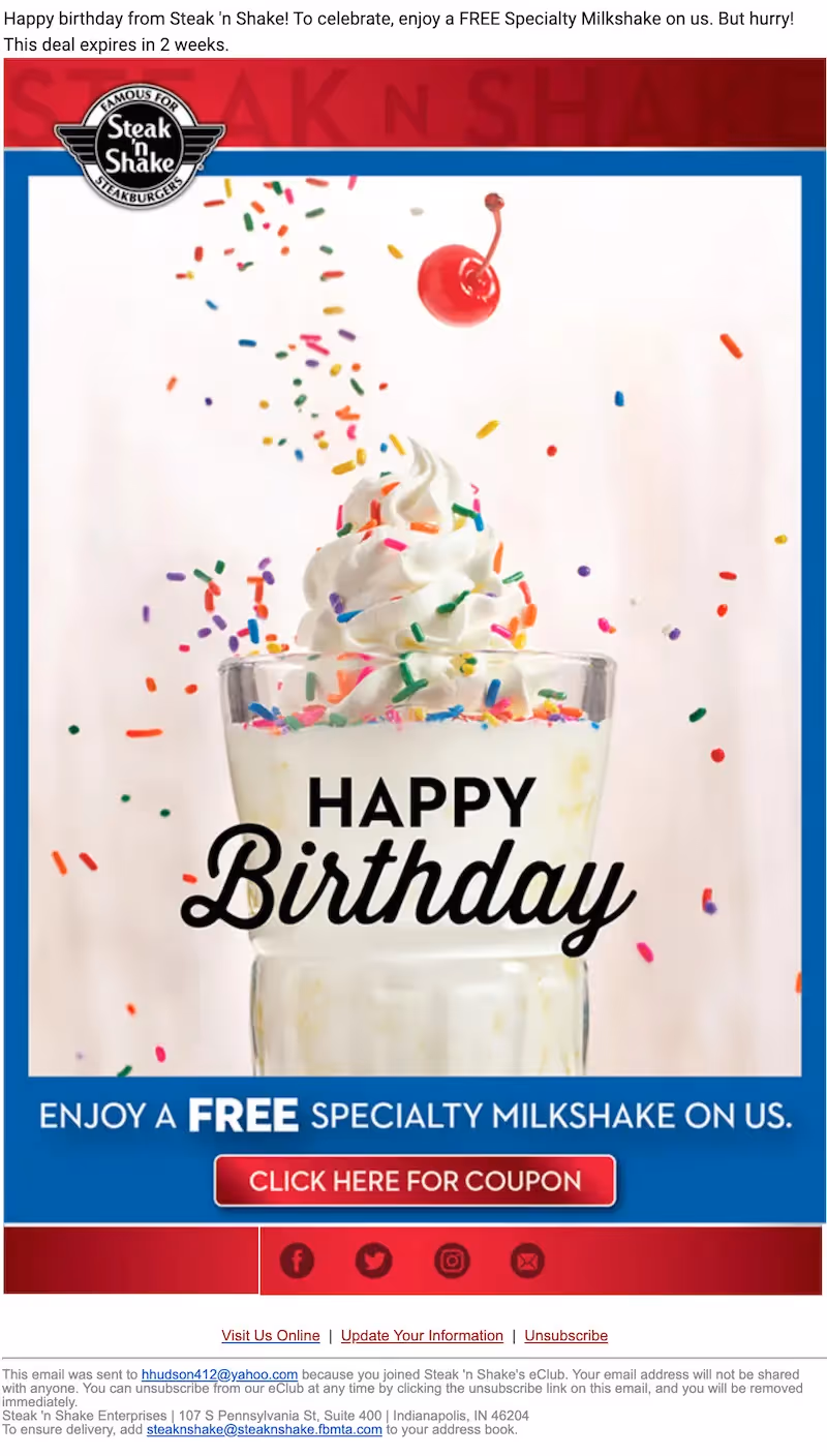 Colorful birthday email with clear promotion from Steak 'n Shake