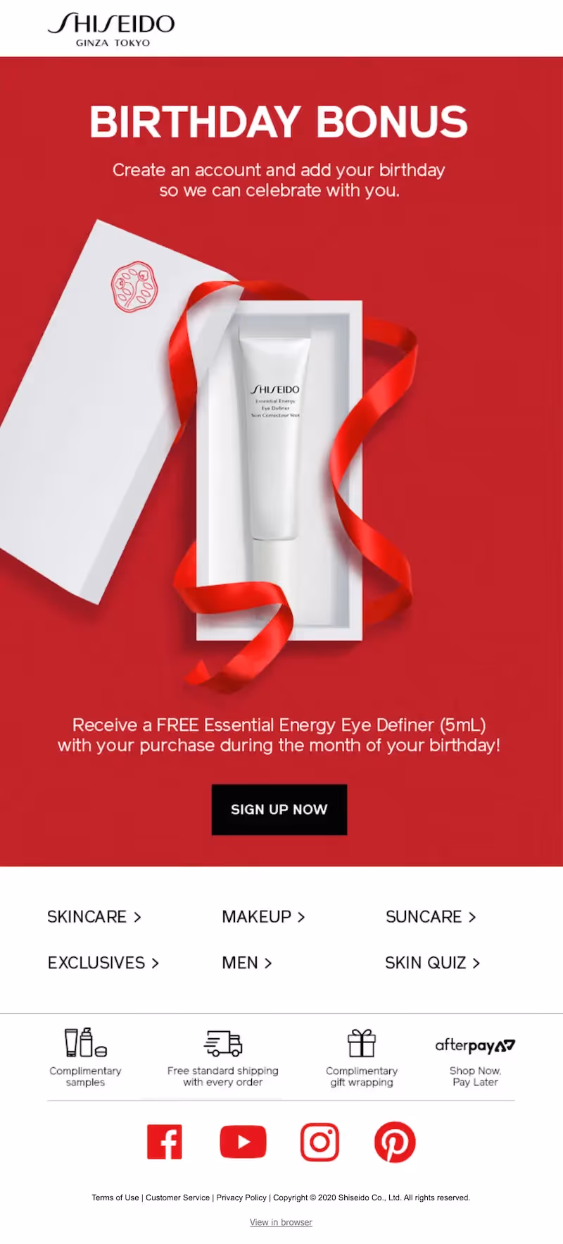 Birthday collection email example from Shiseido