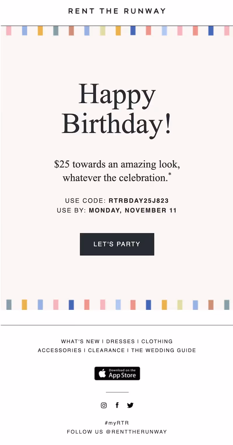 Birthday email from Rent the Runway with pastel colors