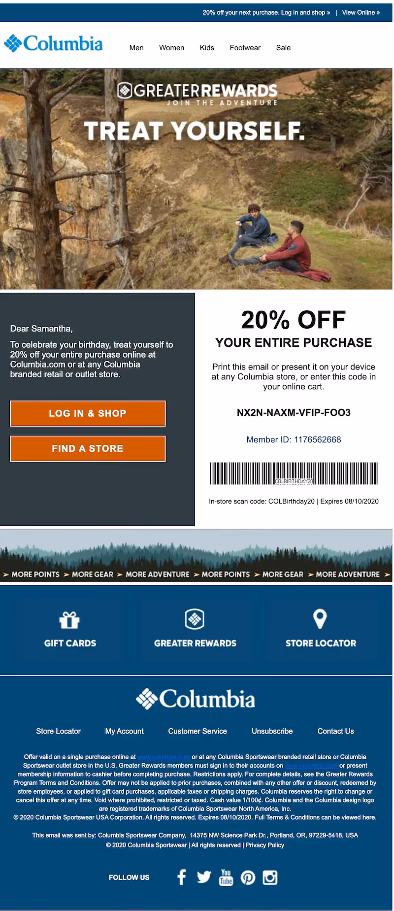 Personalized birthday email from Columbia