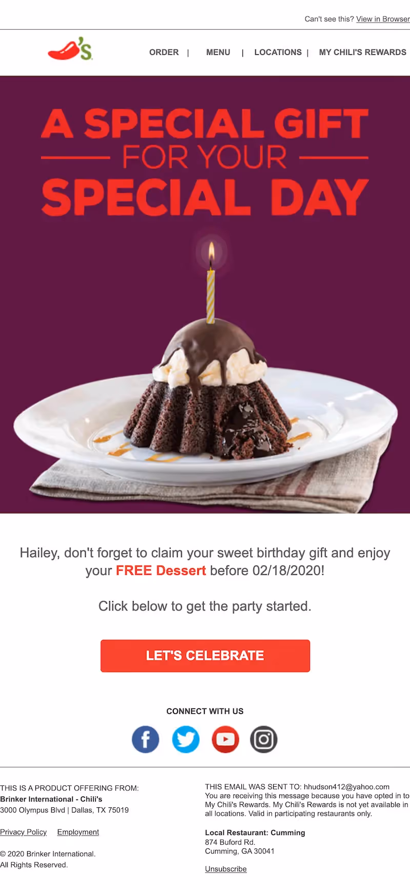 Birthday email drip campaign example from Chili's