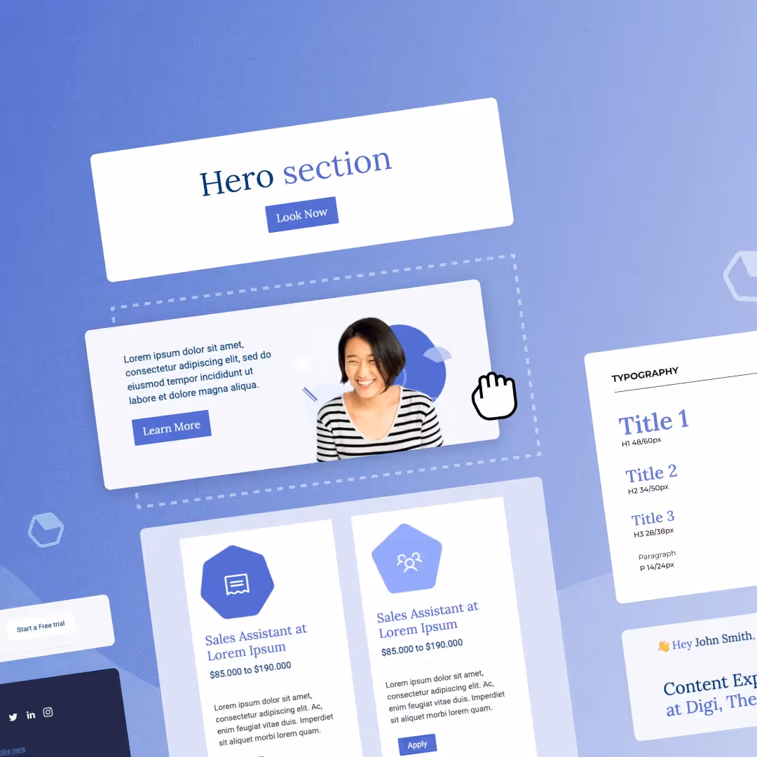 HR design system UI: Purple-gradient screen with job cards, 'What you can expect' header, hero section, typography pane and click cursor