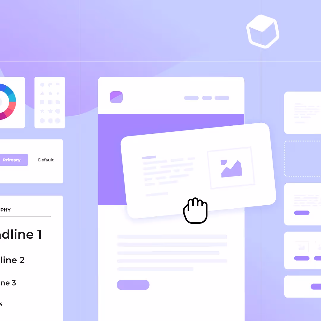 Email design system: Displaying draggable content card, type specs (H1–H4, P), swatches, and layout grid on lavender