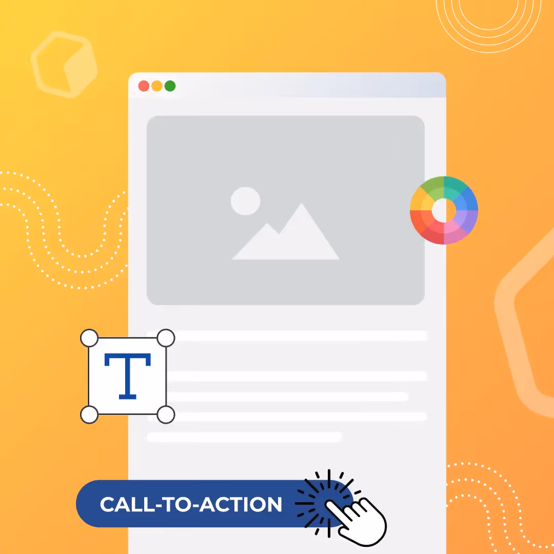Email design mockup: Browser window with image placeholder, text icon, color wheel, and a CALL-TO-ACTION button clicked.
