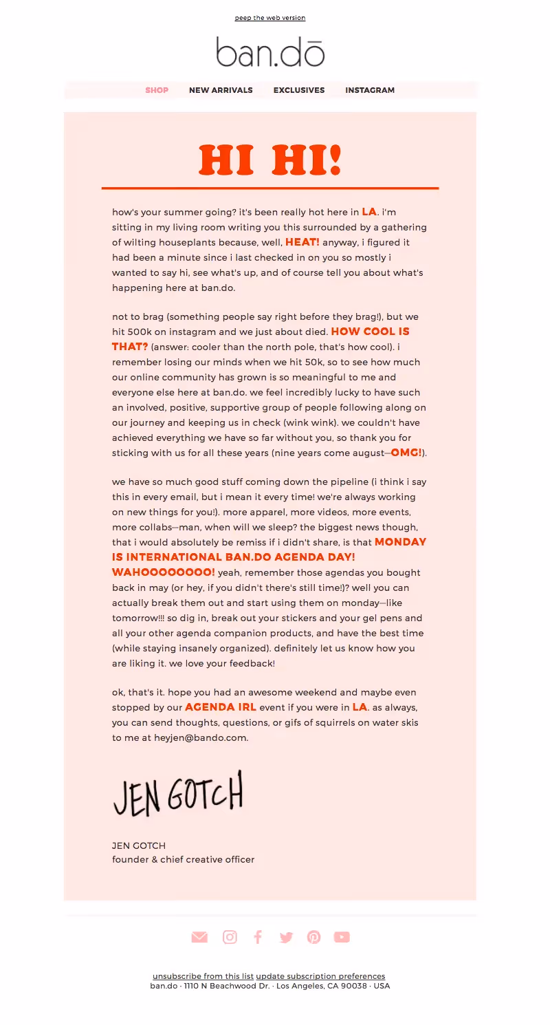 Millennial pink email from Ban.do