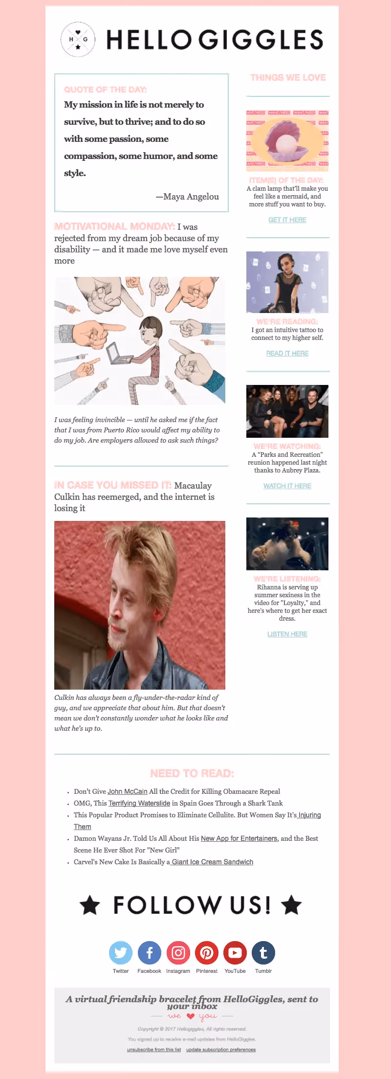 Millennial pink email from Hello Giggles