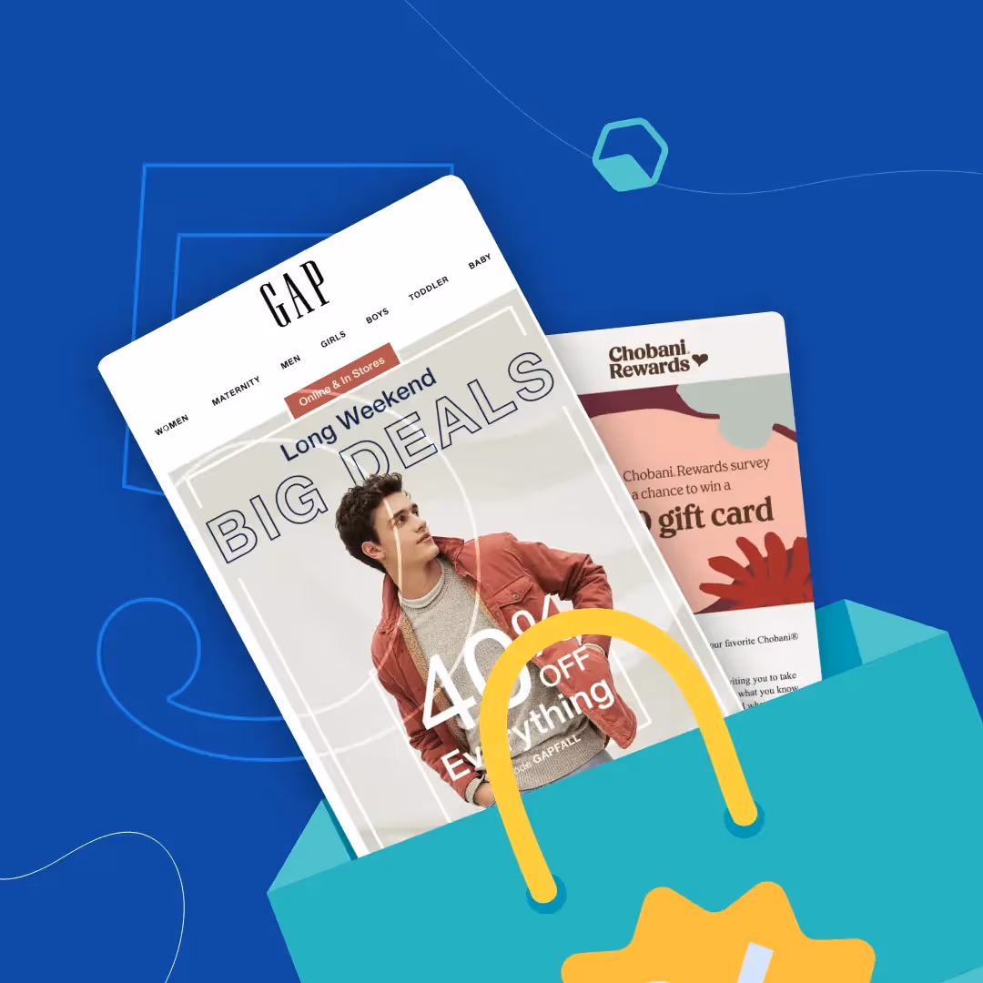 Email mockups: GAP long-weekend big deals (40% off) and Chobani Rewards gift card survey in shopping bag on blue.