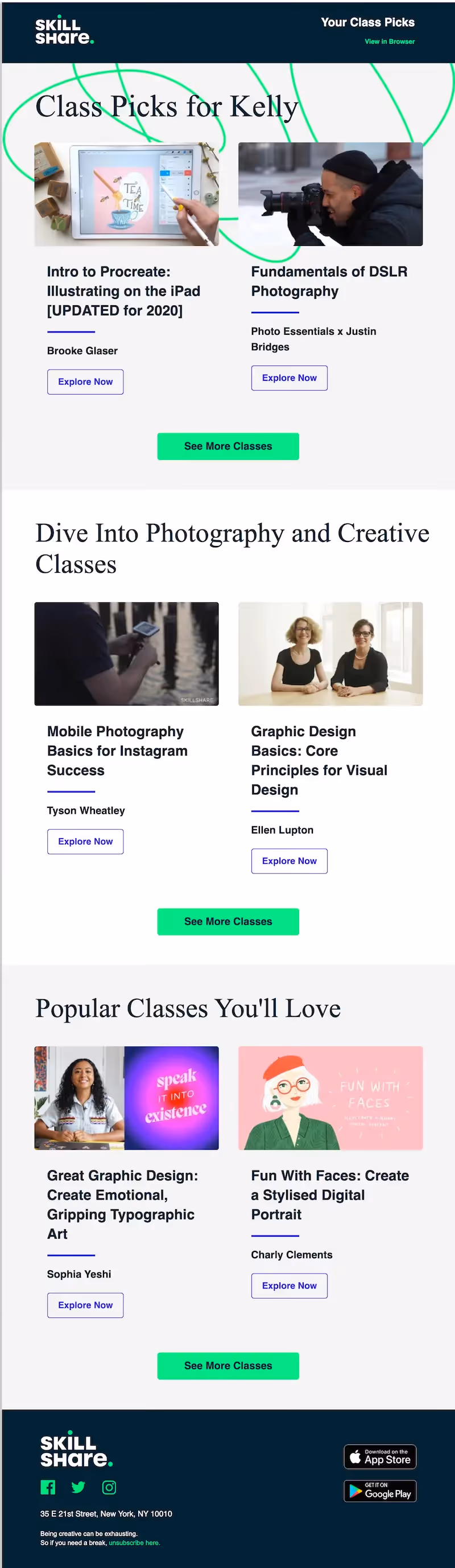 Get to Know Your Customers Day dynamic content email from Skillshare