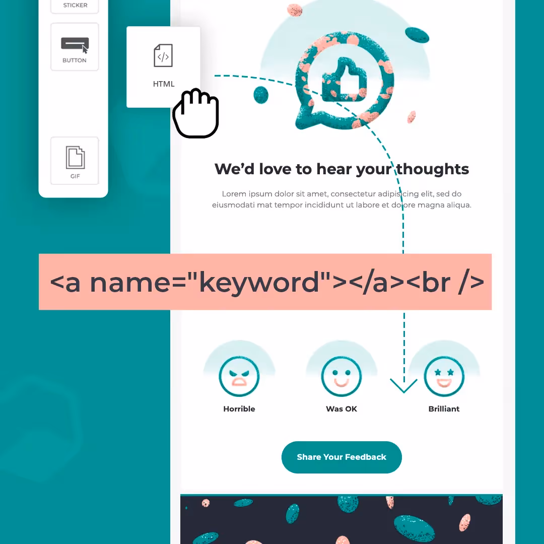 Email tutorial graphic: GIF & HTML icons (hand clicking HTML), feedback snippet with rating emojis, and HTML anchor code.
